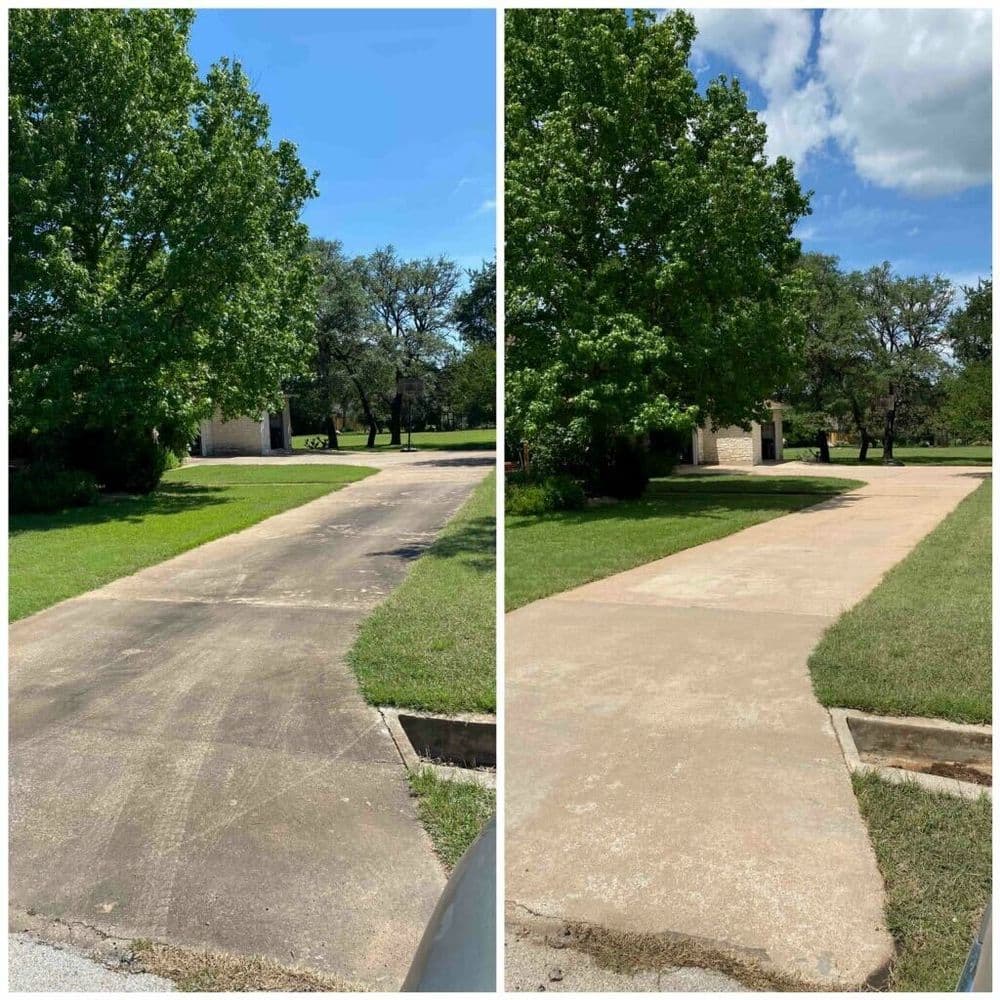 Before and after driveway cleaning, showcasing improved curb appeal and greenery.